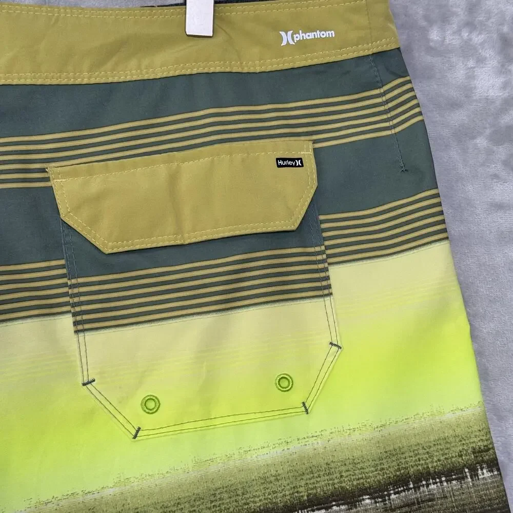 Hurley Phantom Board Shorts Mens 36 Green Yellow Stripe Swim Trunks Surf Pocket